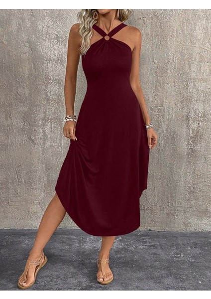 Kadın Boyundan Çapraz Askılı Halka Detaylı Asimetrik Kesim Viskon Elbise modelleri