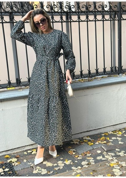 Kadın Uzun Kollu Bisiklet Yaka Papatya Desen Kuşak Dahil Maxi Boy Elbise modelleri