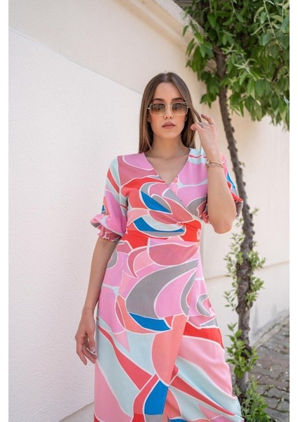 Fuşya Desenli Yırtmaçlı Elbise modelleri