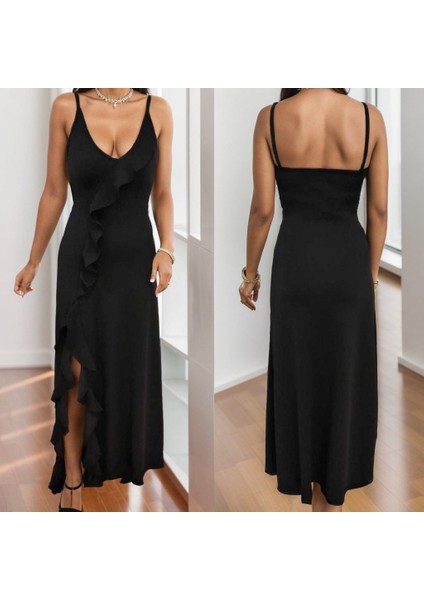 Kadın Ip Askılı Dekolteli Yırtmaç Detay Krep Elbise