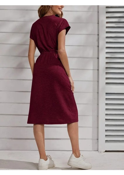 Kadın Kısa Kollu Bisiklet Yaka Belden Lastikli Midi Viskon Elbise indirimleri