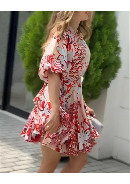 Kadın Kısa Balon Kollu Yuvarlak Yakalı Pileli Desenli Mini Elbise modelleri