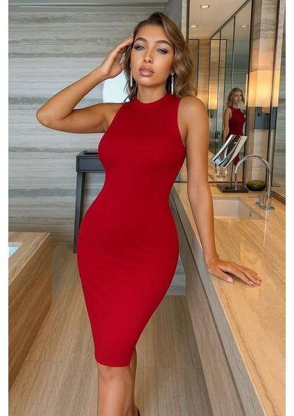 Kadın Omuzlardan Açık Bisiklet Yaka Janjan Krep Elbise
