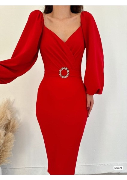 Kadın Kalp Yaka Sırt Dekolteli Kemer Toka Detay Midi Boy Elbise modelleri