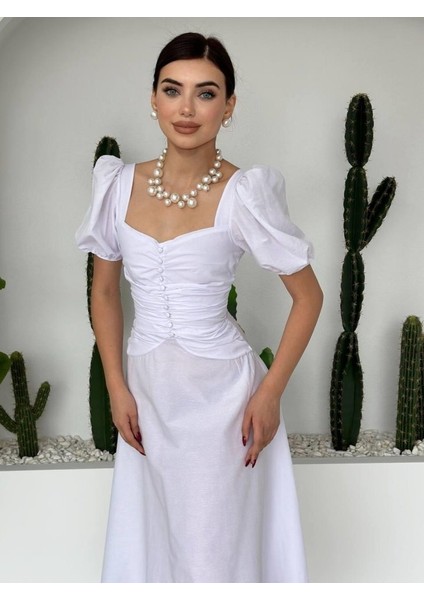 Kare Yaka Düğmeli Elbise