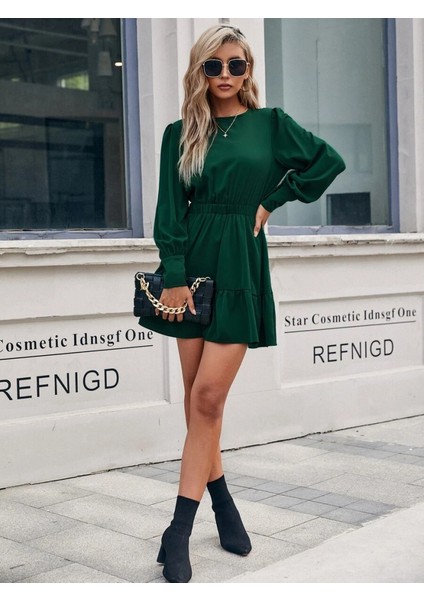 Kadın Uzun Kollu Bisiklet Yaka Beli Lastikli Fırfırlı Ithal Krep Elbise