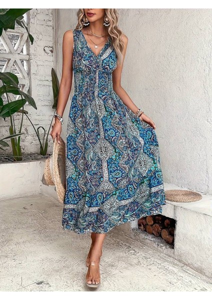 Kadın Beli Gipeli Etnik Desen Sıfır Kol Süprem Elbise fiyatları