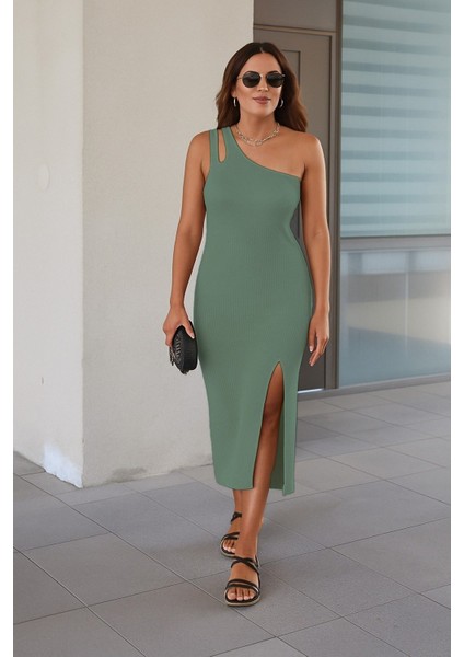 Kadın Kolsuz Tek Omuz Damla Detay Ottoman Kumaş Elbise