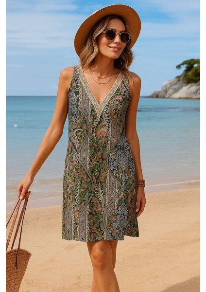 Kadın Kısa Kollu Dantel V Yakalı Desenli Süprem Elbise modelleri