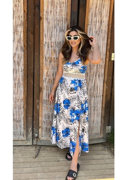 Kadın Ip Askılı V Yakalı Bel Güpür Çiçek Desenli Yandan Yırtmaçlı Maksi Süprem Elbise fiyatları