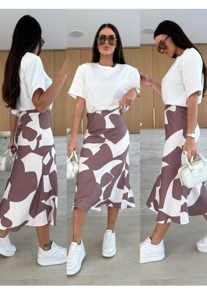 Kadın Kısa Kollu Bisiklet Yaka Viskon Bluz ve Desenli Süprem Etek Ikili Takım fiyatları