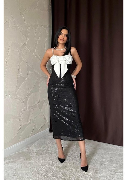 Siyah Önü Fiyonklu Garnili Elbise modelleri