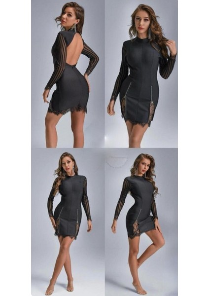 Kadın Kolları ve Etek Ucu Dantel Detay Fermuar Dekolteli Skuba Kumaş Mini Elbise