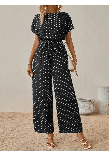 Kadın Kısa Kollu Kayık Yaka Belden Kuşaklı Örme Krep Tulum indirimleri