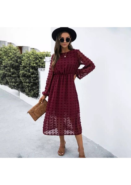 Kadın Uzun Kollu Astar Detay Fırsat Ürün Ponpon Şifon Elbise