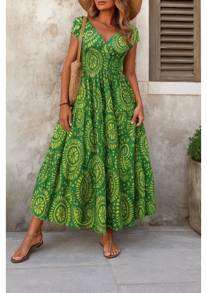 Kadın Kısa Yarasa Kanat Kollu V Yakalı Beli Büzgülü Süprem Elbise