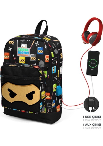 Siyah Ninja Desenli Çocuk Sırt Çantası, Dört Bölmeli, USB Şarjlı, Okul Için Ideal