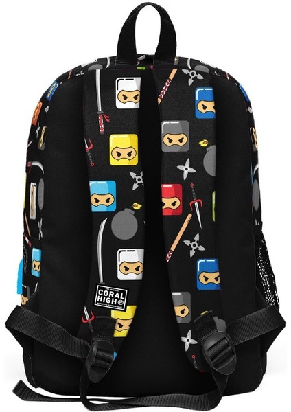 Siyah Ninja Desenli Çocuk Sırt Çantası, Dört Bölmeli, USB Şarjlı, Okul Için Ideal modelleri