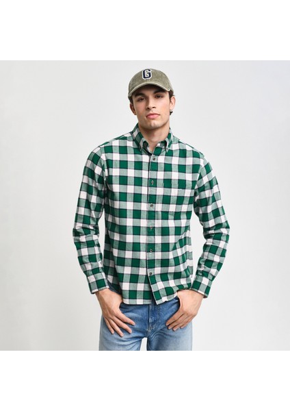 Erkek Yeşil Regular Fit Düğmeli Yaka Kareli Gömlek