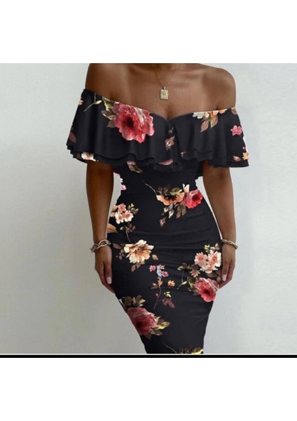 Kadın Madonna Yaka Çiçek Baskılı Volan Detay Kalem Elbise fiyatları