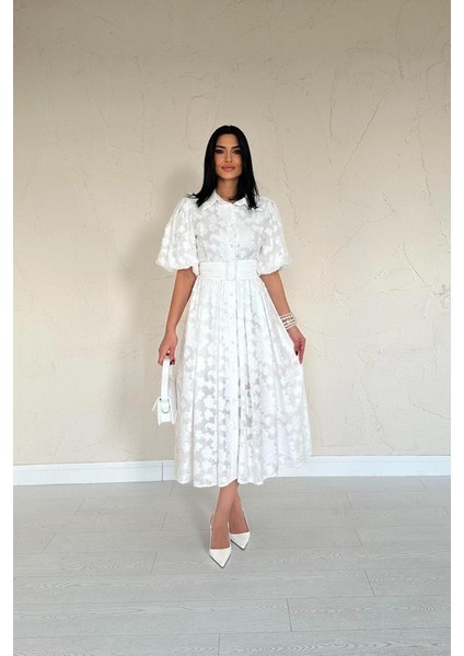 Ekru Kemerli Balon Kollu Elbise