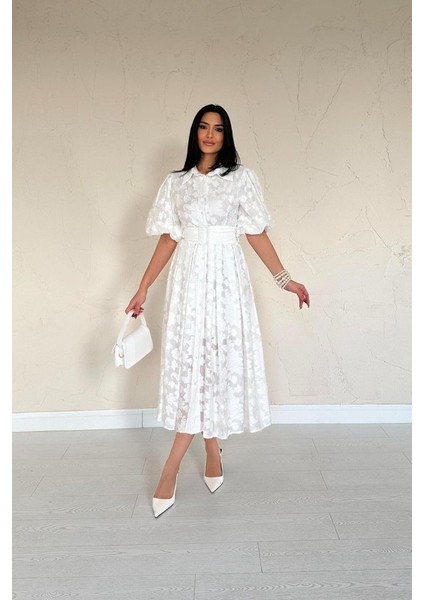 Ekru Kemerli Balon Kollu Elbise modelleri