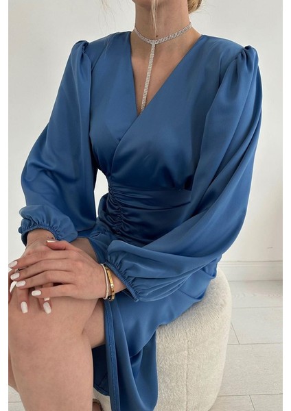 Mavi V Yaka Saten Elbise fiyatları