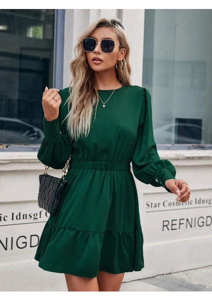 Kadın Uzun Kollu Bisiklet Yaka Beli Lastikli Fırfırlı Ithal Krep Elbise fiyatları