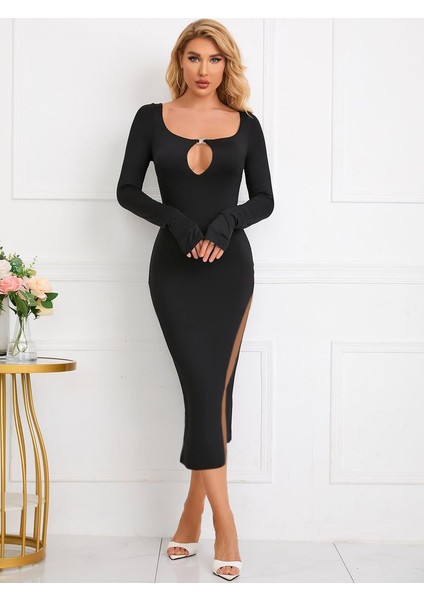 Kadın Uzun Kollu Yaka Damla Detay Mini Aksesuarlı Yırtmaç Detay Krep Elbise fiyatları