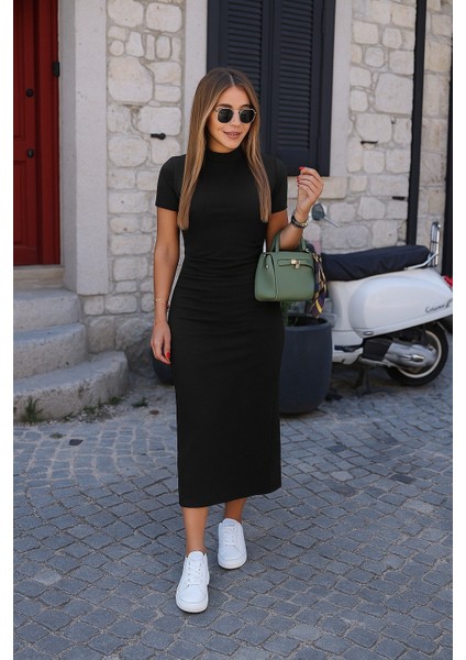 Kadın Yarı Balıkçı Yaka Yırtmaçlı Dalgıç Midi Elbise