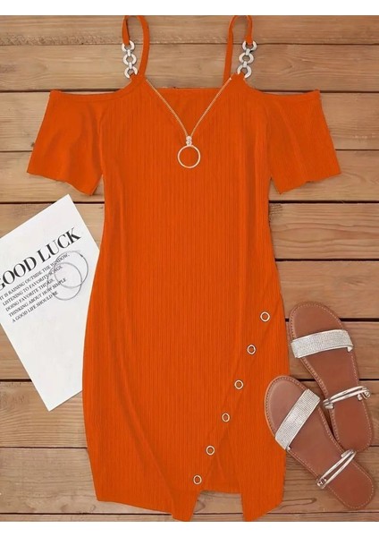 Kadın Askılı Önü Fermuarlı Asimetrik Kesim Detaylı Kalın Fitilli Kaşkorse Elbise fiyatları