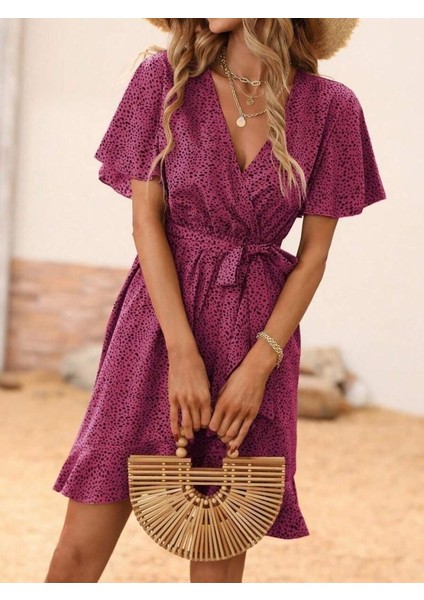 Kadın Kısa Kelebek Kollu Kruvaze Yakalı Belden Kuşaklı Kısa Desenli Süprem Elbise fiyatları
