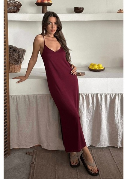 Kadın Siyah Asansör Askılı Çift Yırtmaçlı Helen Elbise