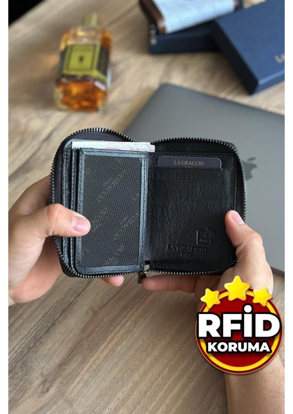 Lancoves Erkek Fermuarlı Hakiki Deri Kullanışlı Cüzdan Siyah