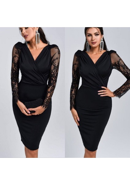 Kadın Uzun Kollu Kruvaze Yaka Kollar Tül Detay Krep Mini Boy Elbise fiyatları