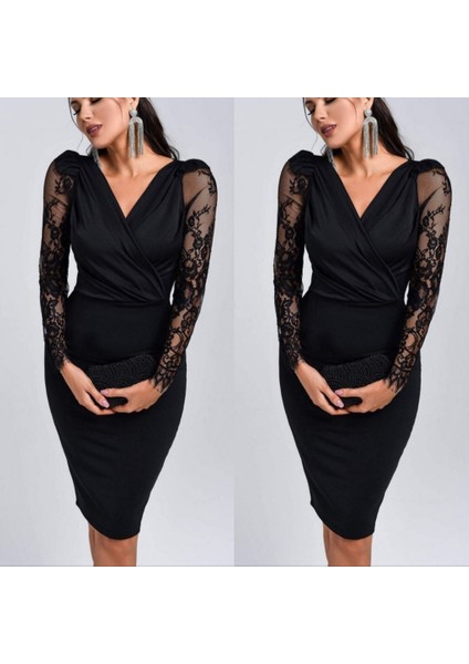 Kadın Uzun Kollu Kruvaze Yaka Kollar Tül Detay Krep Mini Boy Elbise modelleri