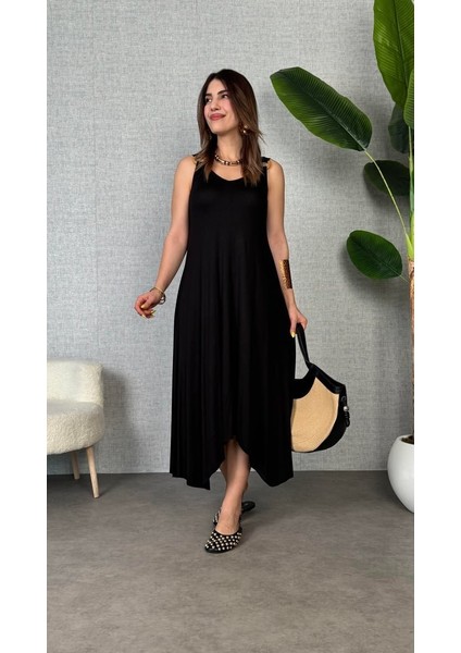 Kadın Çan Dokuma Kumaş V Yaka Asimetrik Kesim Elbise