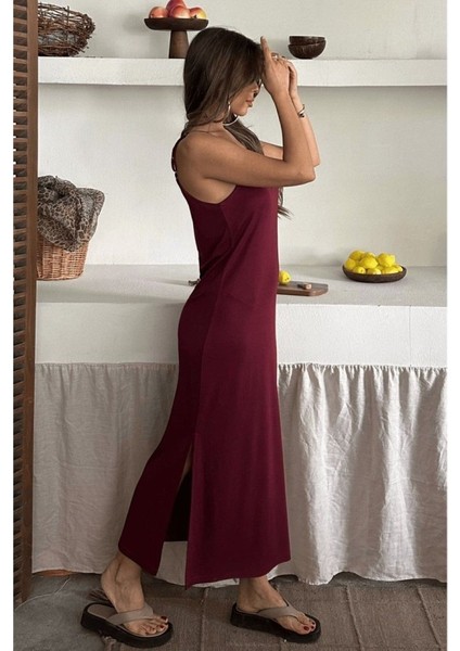 Kadın Siyah Asansör Askılı Çift Yırtmaçlı Helen Elbise