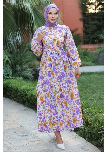 Kadın Uzun Çiçek Yaprak Desenli Belden Bağlamalı Elbise modelleri