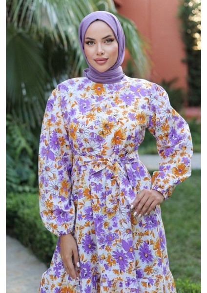 Kadın Uzun Çiçek Yaprak Desenli Belden Bağlamalı Elbise fırsatları