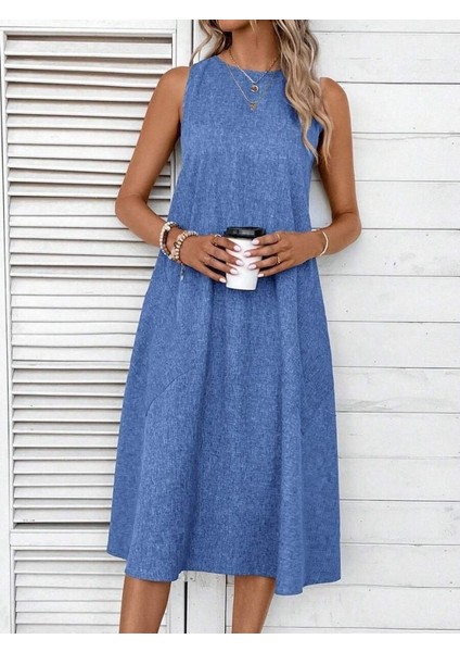 Kadın Kolsuz Bisiklet Yaka Cepli Midi Keten Elbise