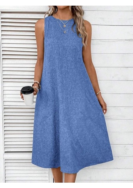 Kadın Kolsuz Bisiklet Yaka Cepli Midi Keten Elbise fiyatları