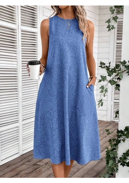 Kadın Kolsuz Bisiklet Yaka Cepli Midi Keten Elbise modelleri