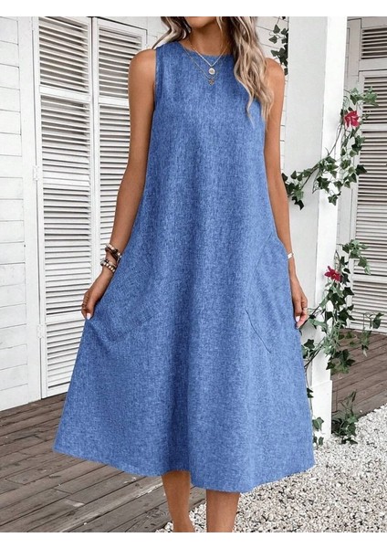 Kadın Kolsuz Bisiklet Yaka Cepli Midi Keten Elbise indirimleri