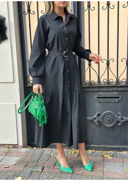 Kadın Uzun Kollu Yakalı Önden Düğmeli Beli Metal Kemerli Dokuma Maksi Elbise modelleri