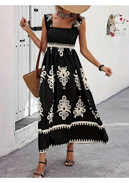 Kadın Askılı Kare Yaka Gipe Detaylı Desenli Suprem Elbise fırsatları