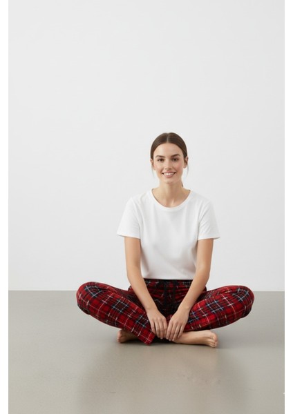 Kadın Kırmızı Pijama Altı Süet Kumaş Ekoseli Rahat Kalıp Kurdeleli Esnek Yumuşak Doku Cepsiz fırsatları