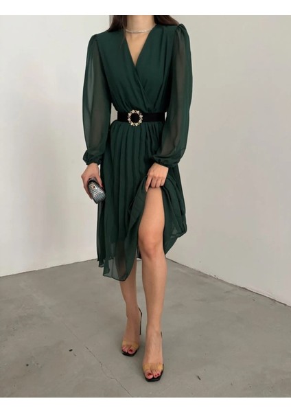 Kadın Şifon Kumaş Astalı Kloş Kesim Kruvaze Yaka Midi Boy Elbise fırsatları
