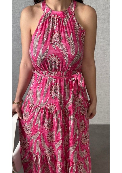 Kadın Omuzlardan Açık Boyundan Geçmeli Desenli Süprem Bluz