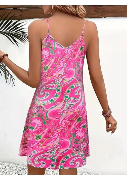 Kadın Ip Askılı V Yakalı Desenli Kısa Süprem Mini Elbise fiyatları